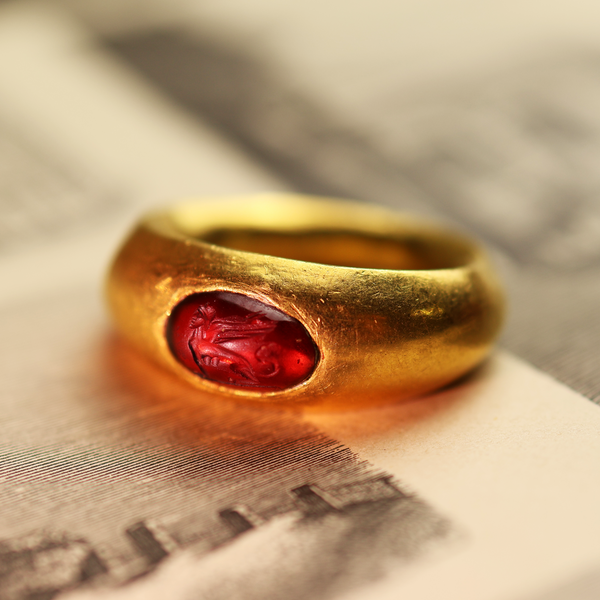Roman Gold Ring with Garnet Intaglio of a Sphinx